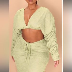 Pretty Little Thing Sage green textured ruched long sleeved crop top& midi skirt